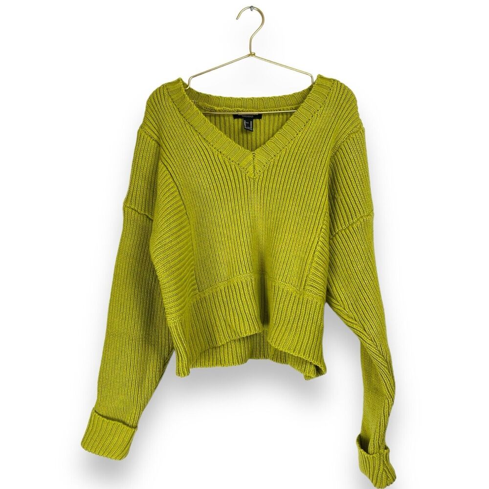 Forever 21 Lime Green Ribbed Crop Sweater Womens‎ M V Neck Chunky Knit 500